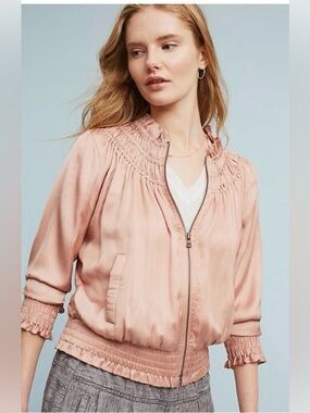 Anthropologie Love Sam Blush Pink Embroidered Bomber Jacket NWOT
